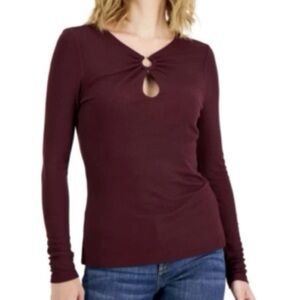 INC Burgundy Long-Sleeve Y2K Sz M Ring Keyhole Cutout Ribbed Lined Stretch Top